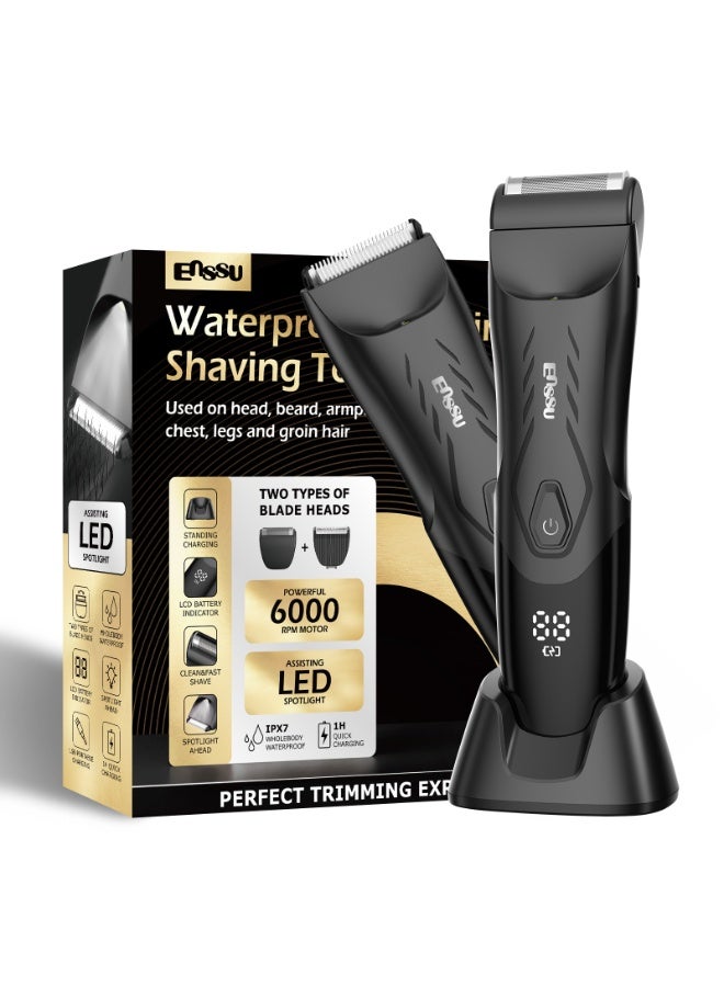 Body Hair Trimmer for Men: 2-in-1 Manscape Trimmer & Shaver with LED Light for Ball/Pubic/Groin,Waterproof Trimmer for Men,No-Nick Shaving,Smooth Grooming